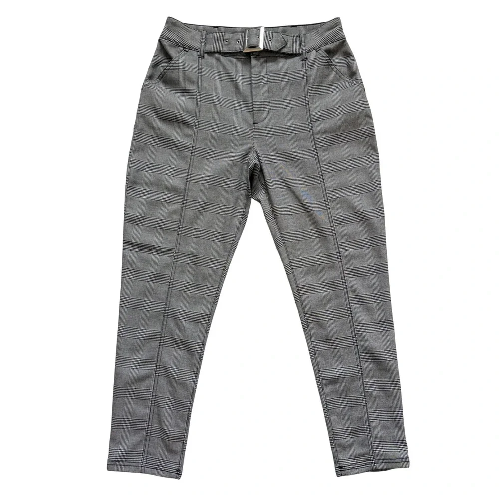 Free‎ People High Rise Grey Trousers Pants Size 10 Glen Plaid Belted Slim Preppy